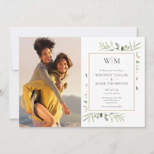 Invitation Mariage Photo de verdure botanique Monogramme (Devant)