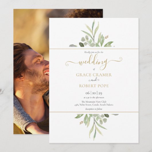 Invitation Mariage Photo de verdure botanique Or Script (Devant / Derrière)