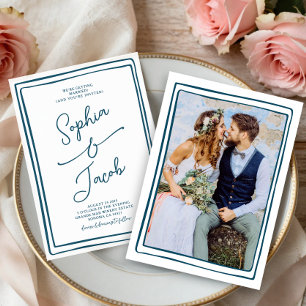 Invitation Mariage Photo Dessiné à la Main Bleu et Blanc Fant