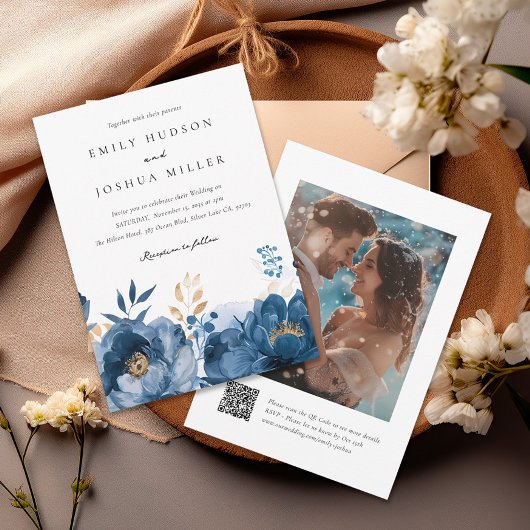 Invitation Mariage photo Dusky Blue Gold Floral QR