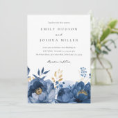 Invitation Mariage photo Dusky Blue Gold Floral QR (Debout devant)