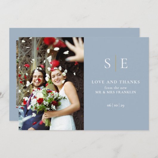 Invitation Mariage photo Dusty Blue And Gold Monogram 2 (Devant / Derrière)