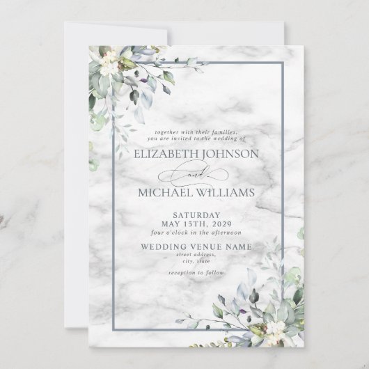 Invitation Mariage photo Dusty Blue Botanical Greenery Marble (Devant)