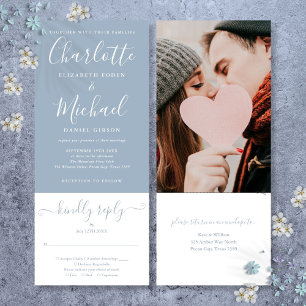 Invitation Mariage photo Dusty Blue Élégant Script Tout en un