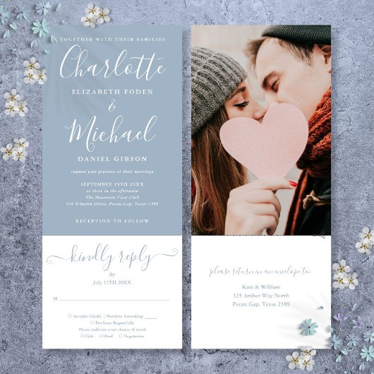 Invitation Mariage photo Dusty Blue Élégant Script Tout en un