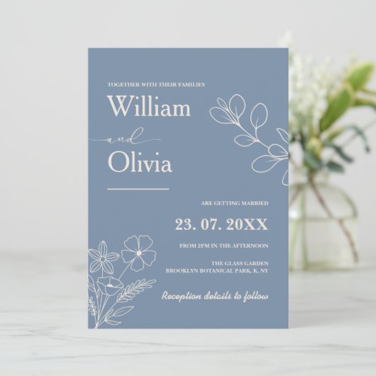 Invitation Mariage photo Dusty Blue Fleur sauvage (Debout devant)