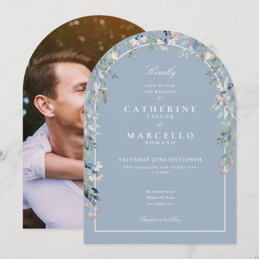 Invitation Mariage photo Dusty Blue Fleurs sauvages Floral Ar (Devant / Derrière)