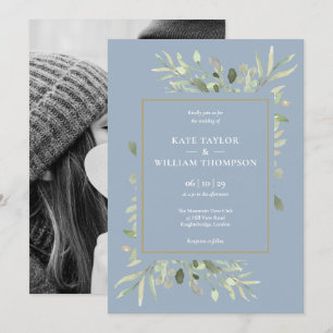 Invitation Mariage photo Dusty Blue Green Foliage