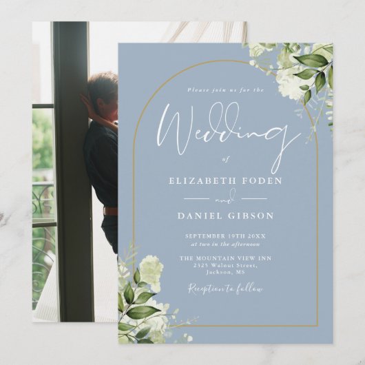 Invitation Mariage photo Dusty Blue Greenery Floral Gold Arch (Devant / Derrière)