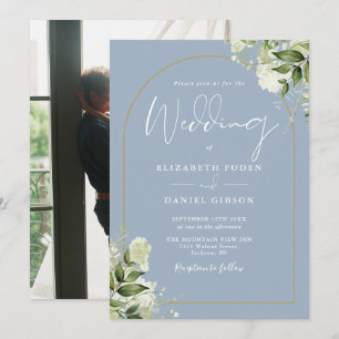Invitation Mariage photo Dusty Blue Greenery Floral Gold Arch