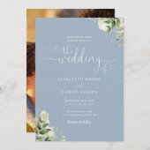 Invitation Mariage photo Dusty Blue Heart Script Foliage (Devant / Derrière)