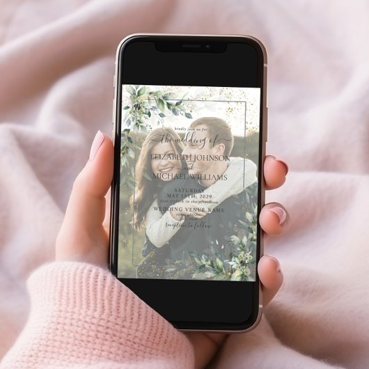 Invitation Mariage photo Dusty Botanical Greenery Gold Vellum