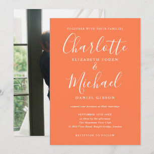 Invitation Mariage photo écriture moderne corail signature