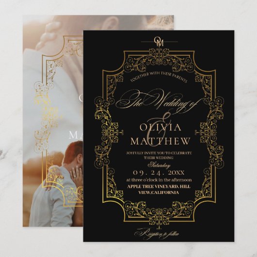 Invitation Mariage photo Elegance et Royal Black & Gold (Devant / Derrière)