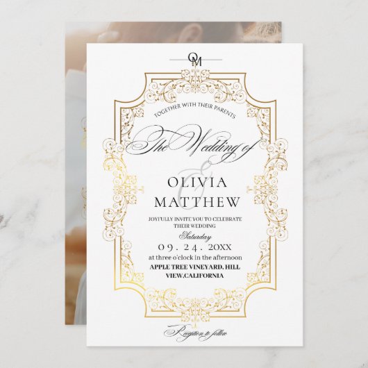Invitation Mariage photo Elegance Gold & White (Devant / Derrière)