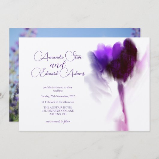 Invitation Mariage photo élégant Champagne Violet Tulip (Devant / Derrière)