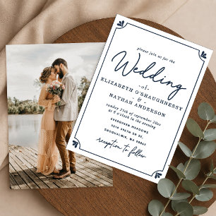 Invitation Mariage photo élégant écriture blanc et bleu