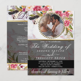 Invitation Mariage photo élégant en marbre et fleurs