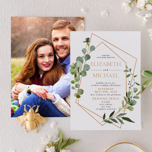Invitation Mariage photo élégant Eucalyptus géométrique Cuivr