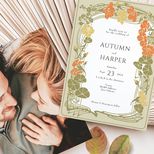 Invitation Mariage photo Elégant floral Nuptial Fall Foliing