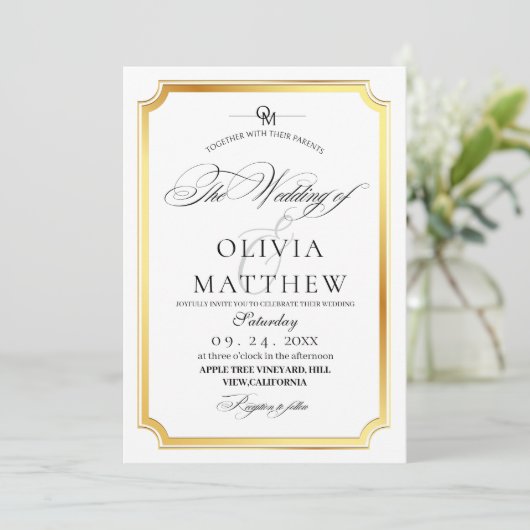 Invitation Mariage photo Elegant Gold et White Overlay (Debout devant)