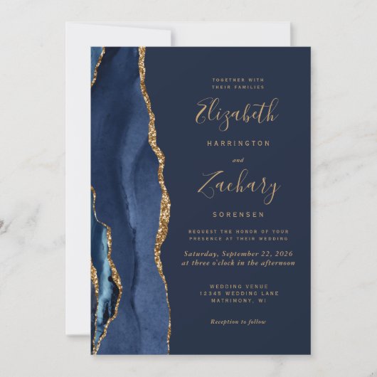Invitation Mariage photo Elegant Marine Blue Gold Agate (Devant)