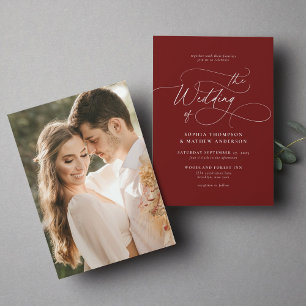 Invitation Mariage photo élégant minimaliste script bordeaux