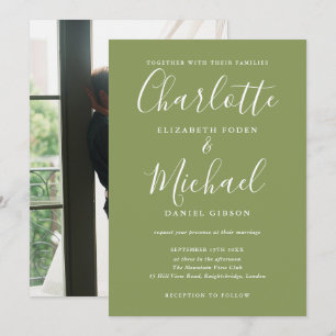 Invitation Mariage photo élégant moderne écriture vert mousse