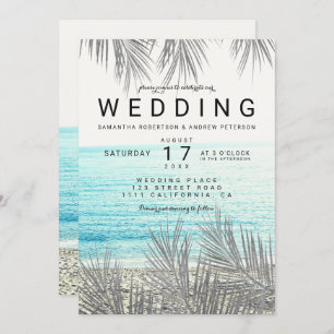 Invitation mariage photo élégante de plage de palmiers argent