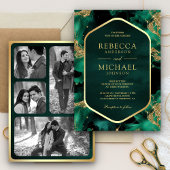 Invitation Mariage photo Emerald Gold Abstrait Fluid Ink