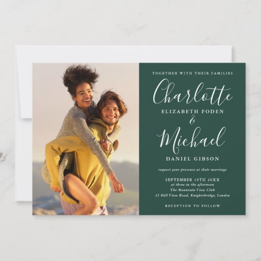 Invitation Mariage photo Emerald Green Chic Script tout en un (Devant)