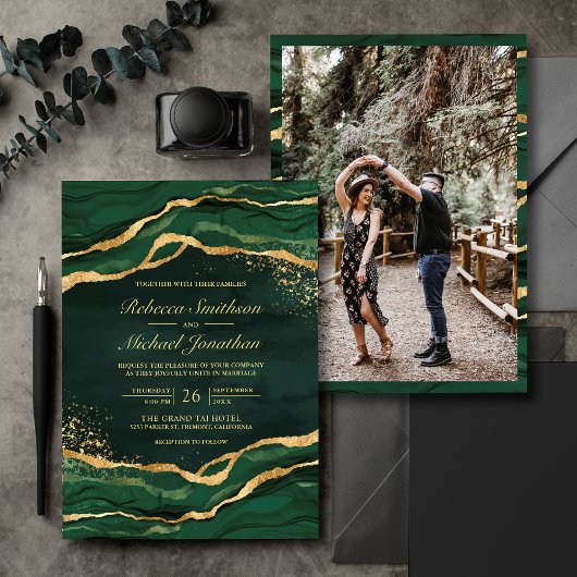 Invitation Mariage photo Emerald Green Gold Fluid Ink