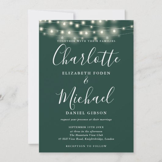 Invitation Mariage photo Emerald Green String Lights Script (Devant)