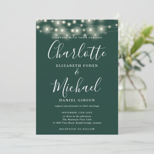 Invitation Mariage photo Emerald Green String Lights Script (Debout devant)
