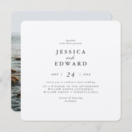 Invitation Mariage photo en argent métallique et noir (Devant / Derrière)