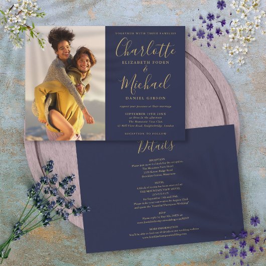 Invitation Mariage photo en bleu marine et en or Script tout 