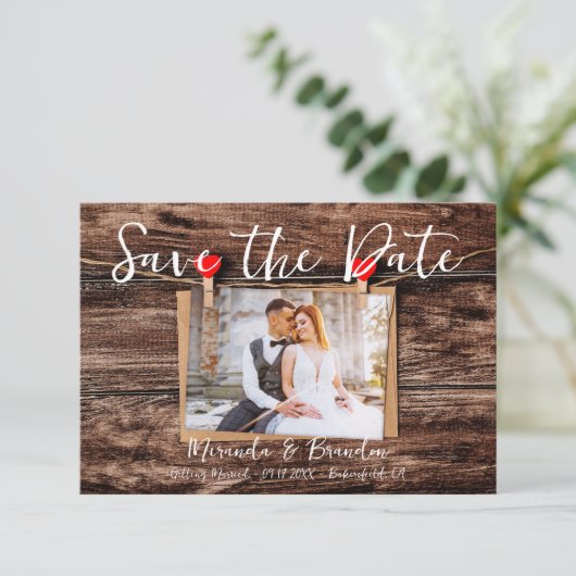 Invitation Mariage photo en bois rustique Enregistrer la date (Debout devant)
