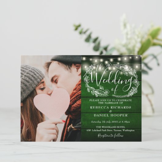 Invitation Mariage photo en bois vert rustique (Debout devant)