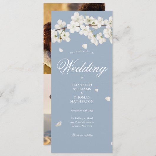 Invitation Mariage photo en fleurs blanches Dusty Blue 2 (Devant / Derrière)