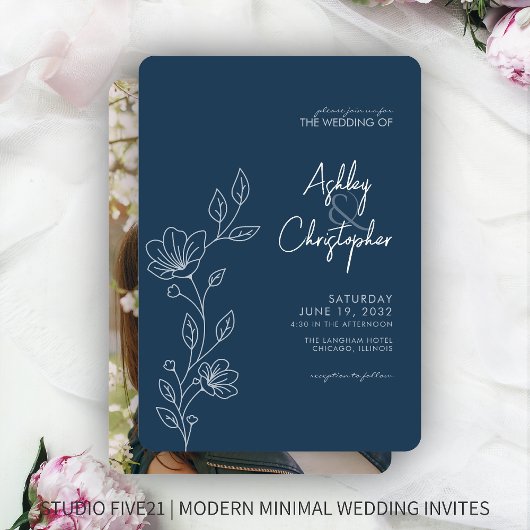 Invitation Mariage photo en ligne Indigo Blue Foliing