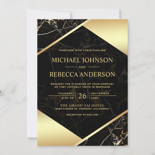 Invitation Mariage photo en marbre noir géométrique or (Devant)