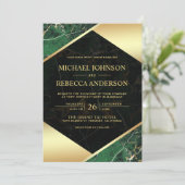 Invitation Mariage photo en marbre vert émeraude géométrique  (Debout devant)