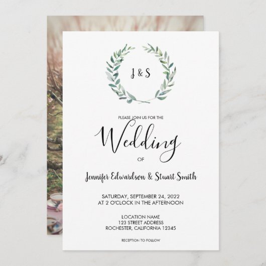 Invitation Mariage photo en monogramme feuille d'aquarelle bo (Devant / Derrière)