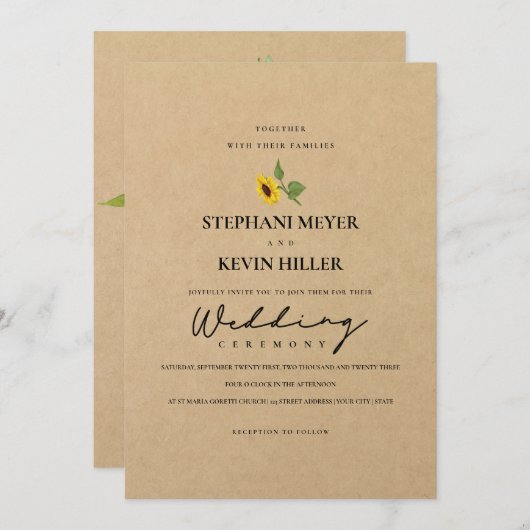 Invitation Mariage photo en papier Kraft pour tournesol rusti (Devant / Derrière)