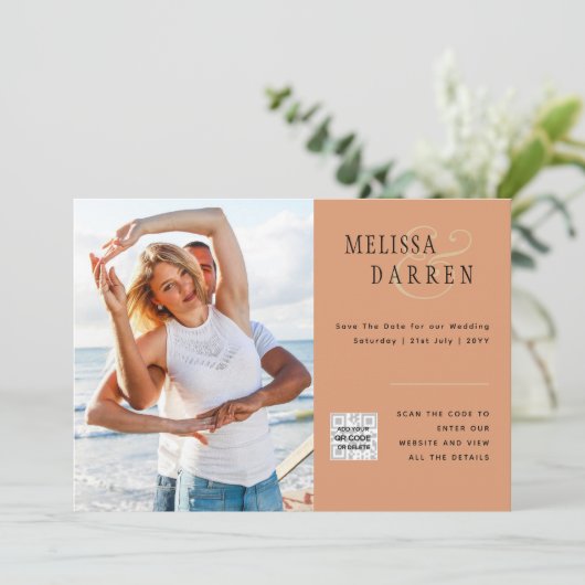 Invitation Mariage PHOTO EN Terracotta légère SAVE DATE QR CO (Debout devant)