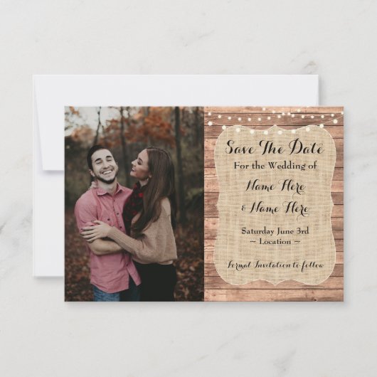 Invitation Mariage Photo Enregistrer La Date Burlap Wood Fian (Devant)