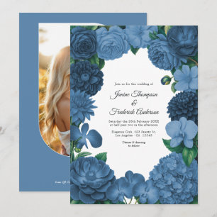 Invitation Mariage photo et code QR floral bleu poussiéreux