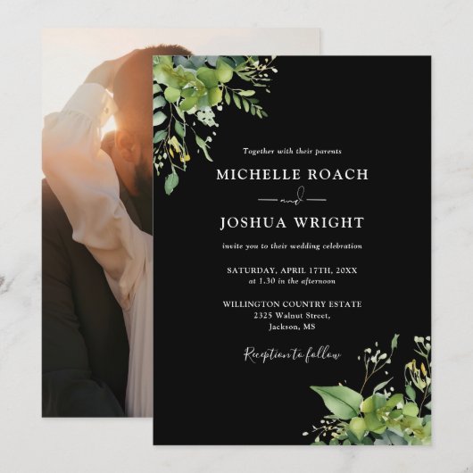 Invitation Mariage Photo Eucalyptus Vert Noir Et Blanc (Devant / Derrière)