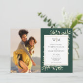 Invitation Mariage Photo Feuillage Monogramme Vert Emeraude (Debout devant)