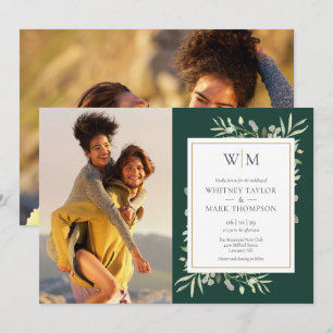 Invitation Mariage Photo Feuillage Monogramme Vert Emeraude